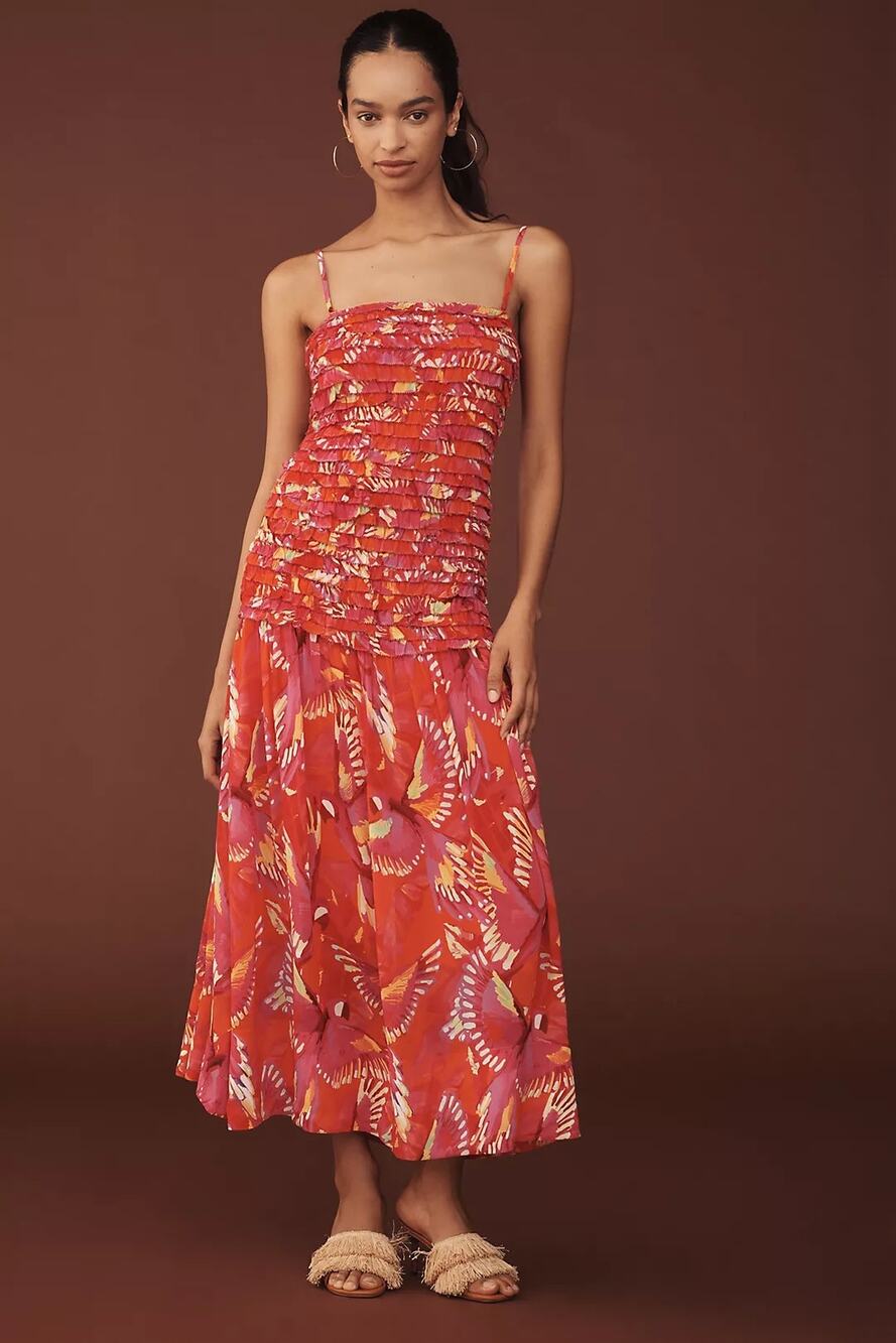 New Anthropologie Farm Rio Shirred Drop-Waist Midi Dress $298 MEDIUM Orange